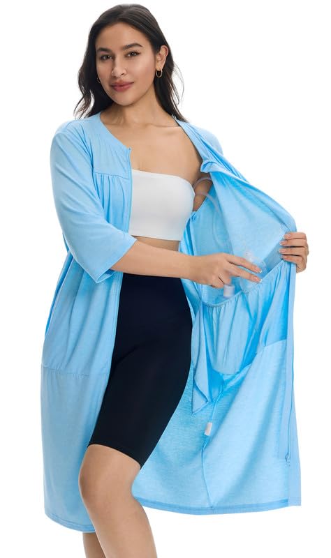 [Australia - AusPower] - Women’s Post Surgery Robe & Hospital Gown with Zipper, Drain & Side Pockets, Mastectomy Recovery Pajamas & Gift Sky Blue Medium 