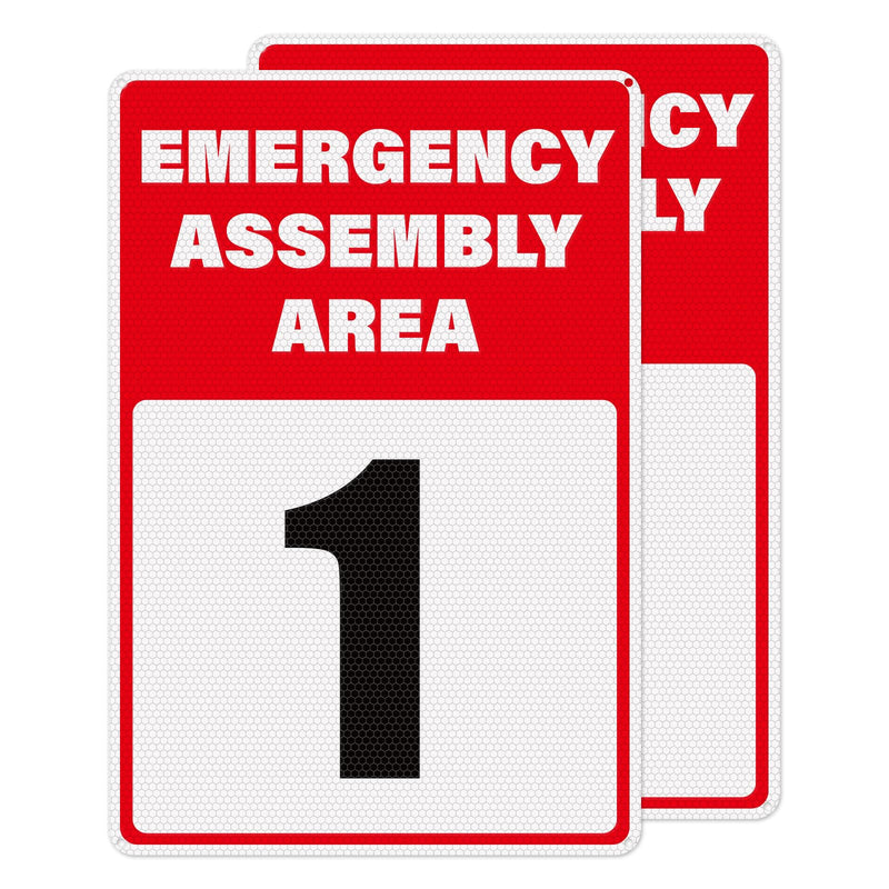 2 Pack Emergency Assembly Area 1 Sign 18 × 12 Inches Aluminum Reflective Safety Signage with Pre-Drilled Holes for Business Construction Site Warehouse
