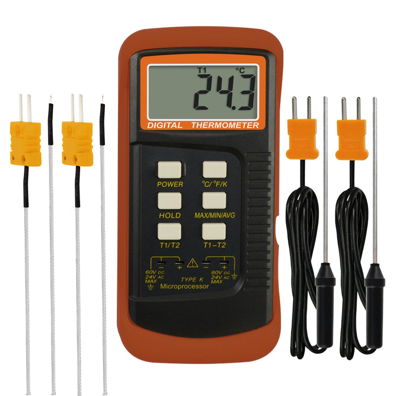 [Australia - AusPower] - Dual Channels Thermocouple Thermometer 4 Thermocouples (Wired & Stainless Steel), Handheld Desktop High Temperature Kelvin Scale Sensor Tester Temperature Range -50~1300°C (-58~2372°F) 