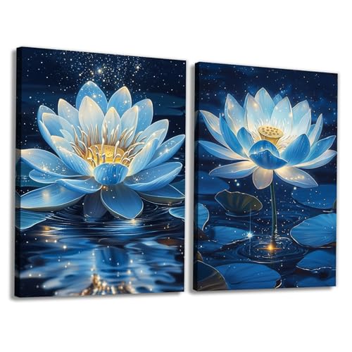KPLUNDO Blue Lotus Floral Wall Art 2 Panel Blooming Zen Flower Pictures Print Nature Inspired Decor for Living Room Bedroom Yoga Room(Artwork-5,16"x24"x2pcs) Artwork-5 16"x24"x2pcs