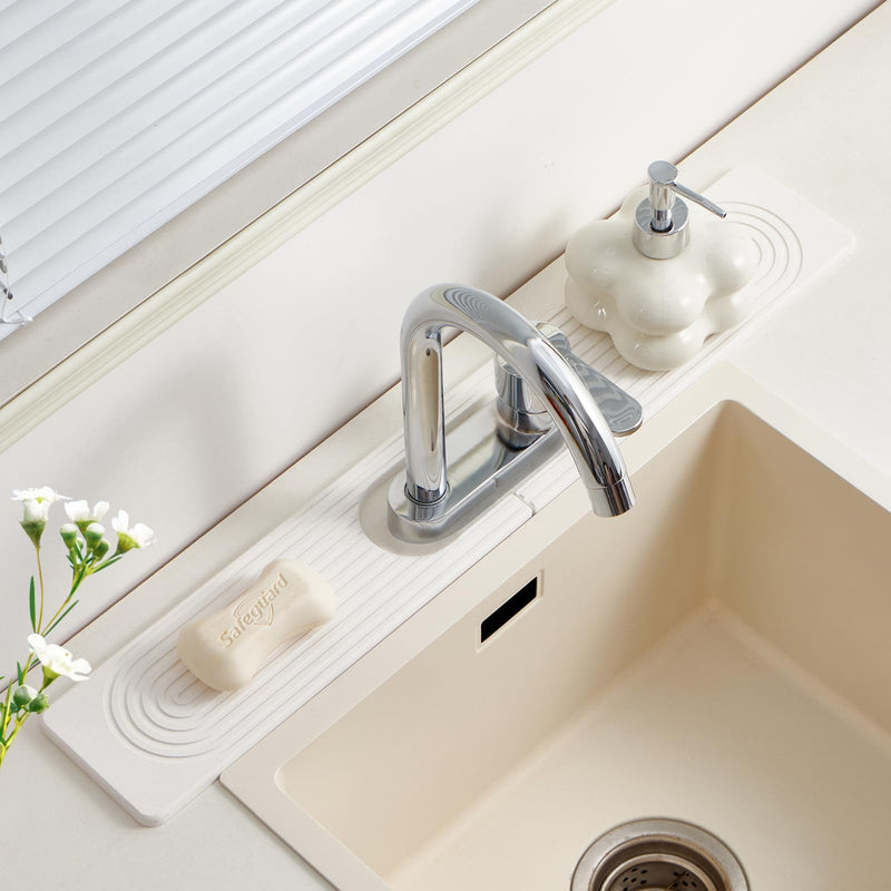 Stone Faucet Mat for Kitchen Sink with Oval Hole – 23.6" × 3.9" Diatomite Drying Stone Mat & Sink Protector, Quick-Dry Splash Guard Water-Absorbing Tray for Bathroom Counter（White.23.6 x 3.9） White