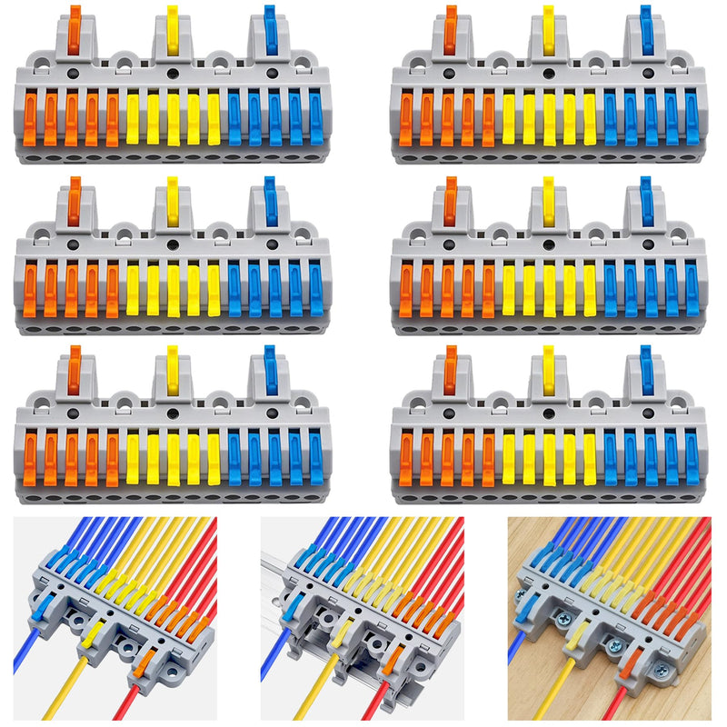 Lever Terminal Block Set (3 Inputs, 15 Outputs, 6 Sets) Heavy Duty Lever Terminals, Three-Input, Fifteen Outputs, DIN Rails, Screw Mounting, for 28-12AWG Cable