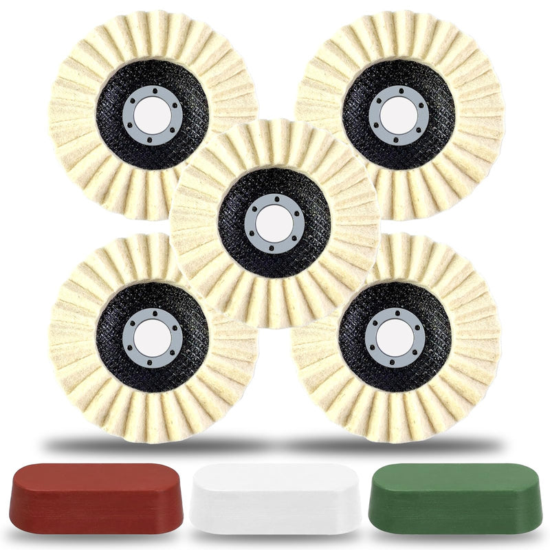 [Australia - AusPower] - 8 Pcs Wool Polishing Wheel and Compound Set Includes 5 Pcs Wool Felt Flap Polishing Disc & 3 Pcs Buffing Compound, 4-1/2 x 7/8 Inch for Angle Grinder, Multi-Surface (8) 8 