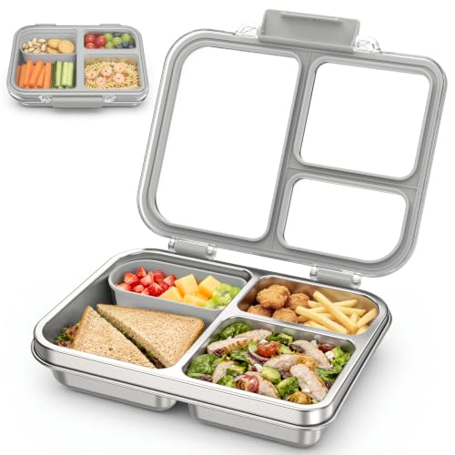 Stainless Steel Bento Box for Kids, 3-Compartment Metal Lunch Box with Clear Lid & Removable Silicone, Lunch Box Kids with Silicone Inner Container for Meal Prep, School, Office (Grey) Grey