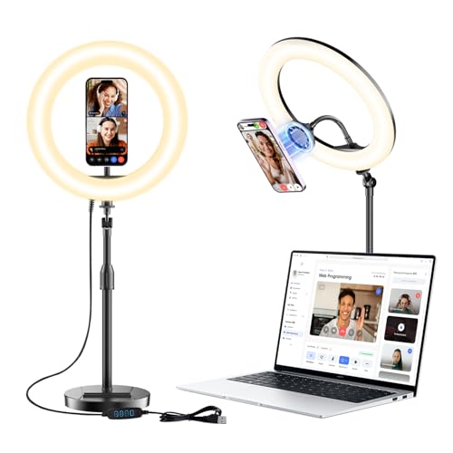 Desk Ring Light with Magnetic Phone Holder, 10'' Video Conference Podcast Lighting Kit for Laptop Computer Monitor Zoom Call Streaming, 3 Color LED Halo Light with Adjustable Stand for Home Office 10inch