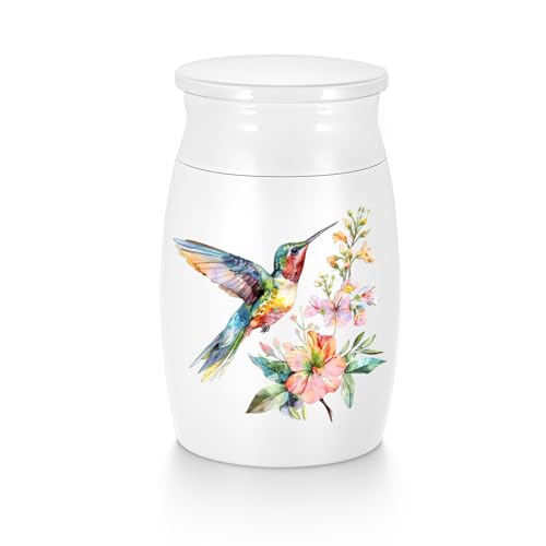 Abooxiu Small Hummingbird Mini Aluminum Memorial Urn - White, Green Pattern - 3 Inches Tall - Human Ashes Keepsake - Secure Threaded Lid - Elegant & Exquisite Craftsmanship - Decorative Urn for Adults Green Hummingbird