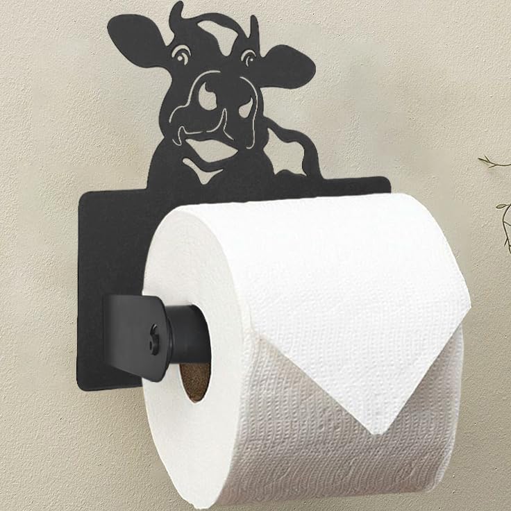 Cow Toilet Paper Holder Wall Mounted, Bathroom Decorative Metal Toilet Paper Mega Roll Dispenser, Matte Black Rustproof Tissue Roll Holder for Kitchen Washroom Traffic Black-cow