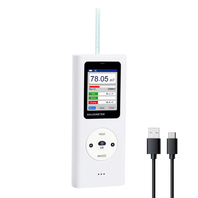 [Australia - AusPower] - Digital Gauss Meter Tesla Meter, Professional Magnetic Field Tester with 0-25000 Gs (0-2500 mT) Range, HD Color Display Rechargeable N/S Pole Detection Data Storage for Magnets Motors & Industrial Use 