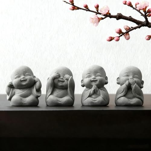 4Pcs Baby Buddha Statue Set, 2 Inch Mini Zen Monk, Sandstone Buddha for Desk Decor, Laughing Buddha for Good Luck, Car Dashboard, Home & Living Room Decor with Blessing Amulet