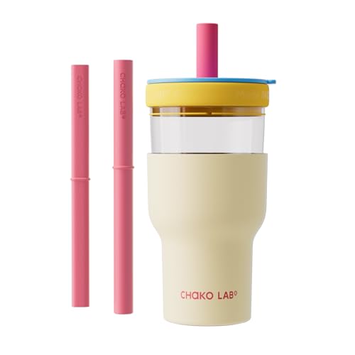 CHAKO LAB Insulated Water Bottle | Dual-layer tumbler with Glass Liner and Stainless Steel Liner | BPA-Free Thermos | 20oz Bottle with Two Straw | White & Blue 20 Ounces Sky