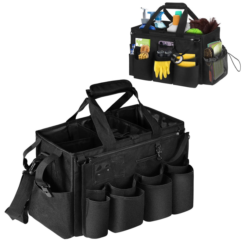 Grekos Wearable Cleaning Caddy Bag, Cleaning Caddy Suppliers Organizer with 4 Foldable Dividers, Handle & Shoulder Straps Cleaning Tool Organizers for Cleaners & Housekeeper (Black) black