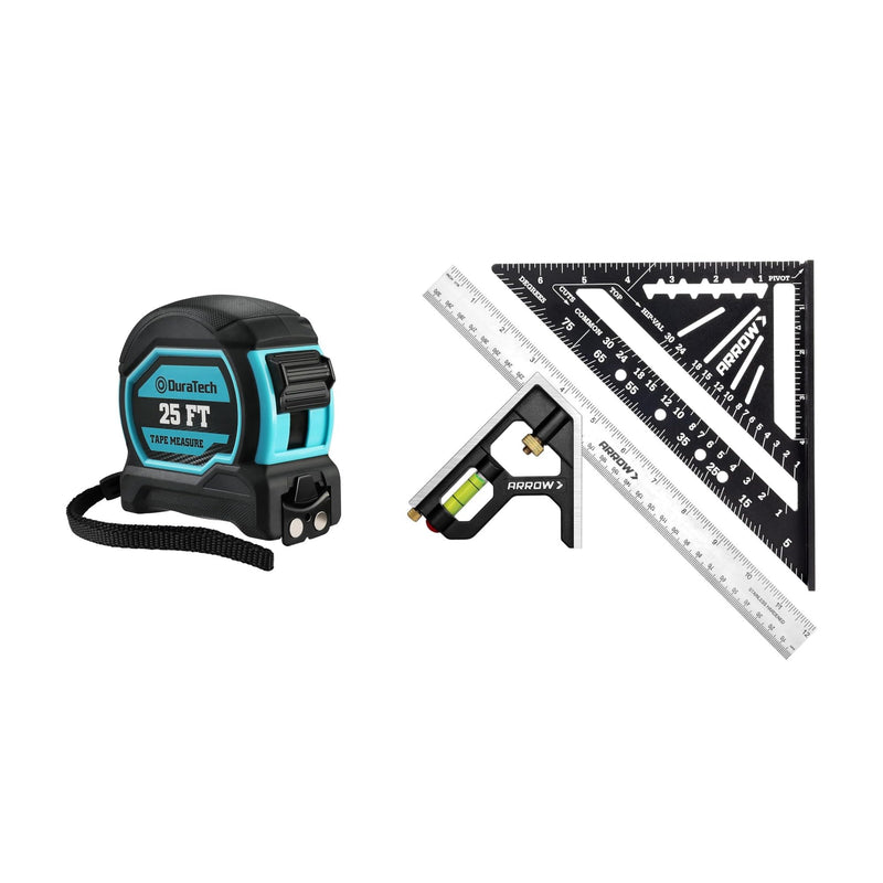 [Australia - AusPower] - DURATECH Magnetic Tape Measure 25FT with Fractions 1/8 and Arrow 7-Inch Aluminum Alloy Carpenter Square and 12-Inch Zinc Alloy Combination Square Set 