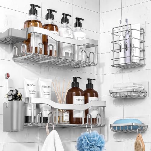 NESOMI Shower Caddy Adhesive Shower Organizer 7-Pack, Rustproof Stainless Steel Bathroom Shelves, Large Capacity No-Drill Rack Storage Accessories with Soap Dish Toothbrush Holder Hooks Silver 7-Piece Set