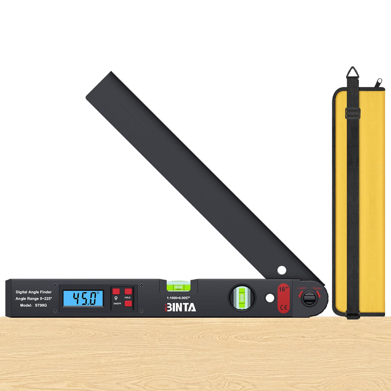 [Australia - AusPower] - BINTA Digital Angle Finder 0-225° Range, Aluminum Backlit LCD Digital Protractor with Horizontal/Vertical Dual Bubble Meter Storage Bag for Woodworking, Construction, Machinery, Home DIY (Black) Black 