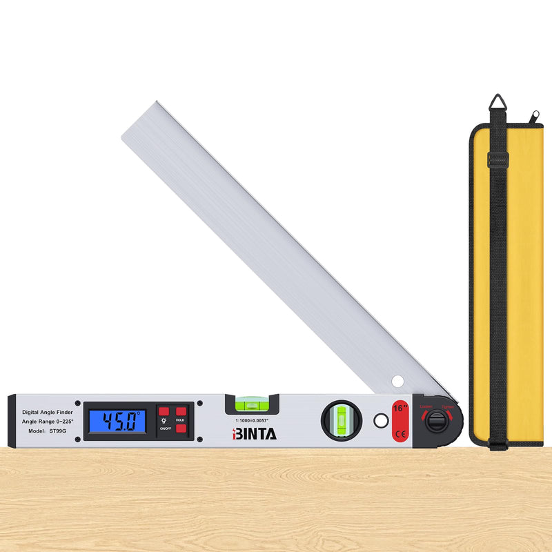 [Australia - AusPower] - BINTA Digital Angle Finder 0-225° Range, Backlit LCD Aluminum Angle Finder Tool with Horizontal/Vertical Dual Bubble Meter Storage Bag for Woodworking, Machinery, Construction, DIY(Silver) Silvery 