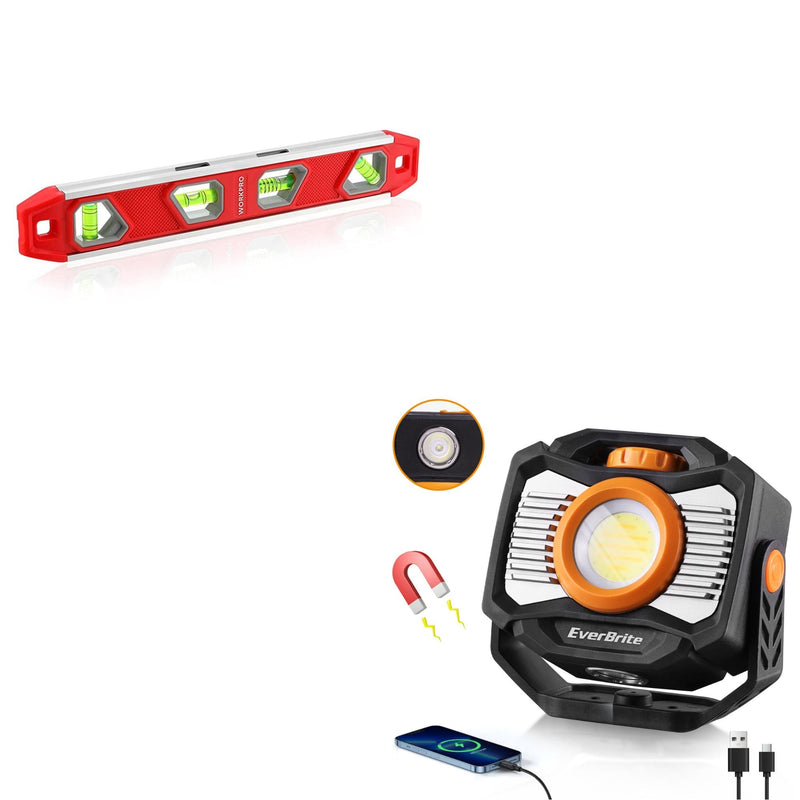 [Australia - AusPower] - WORKPRO 12 Inch Torpedo Level & EverBrite 2000LM Magnetic Work Light Rechargeable LED 