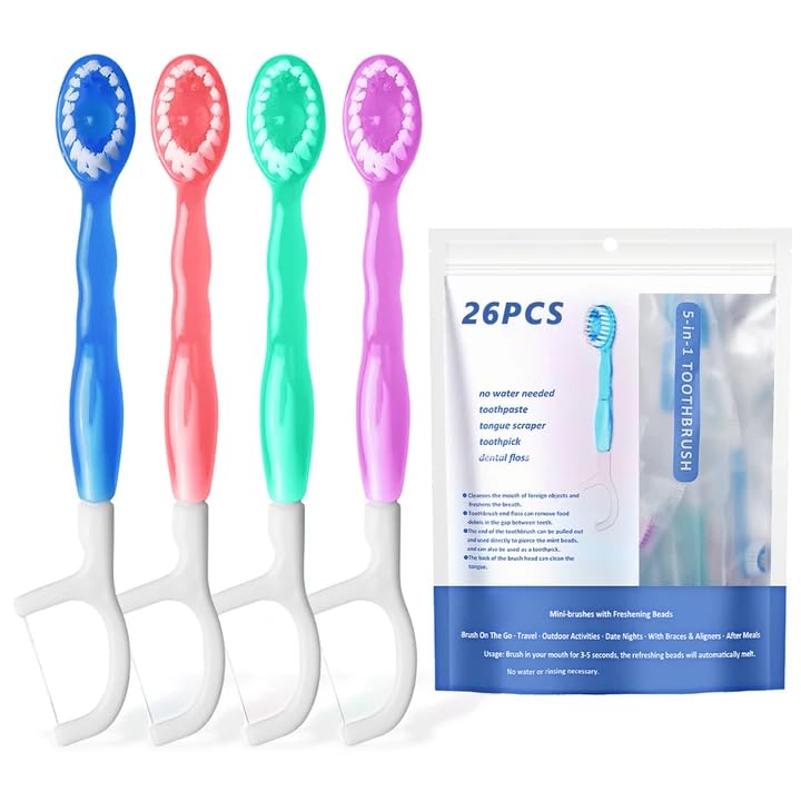 Pack of 26 Mini Travel Toothbrushes, 5-in-1 Toothbrush & Floss, Toothbrushes with Toothpaste, Mini Travel Toothbrushes, Travel Toothbrush, Tongue Scraper (Mixed Pack)