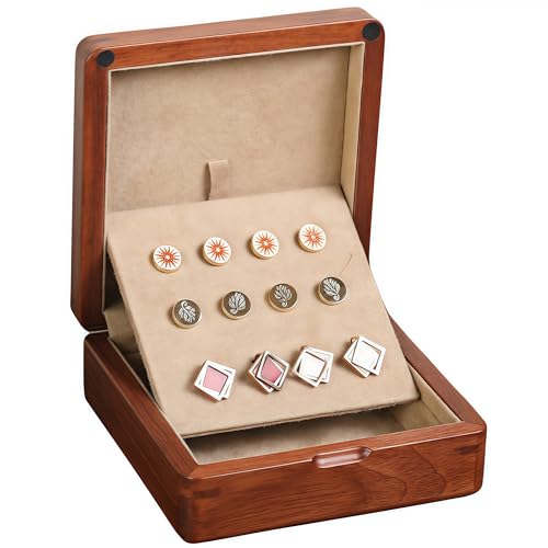 Rosewood Cufflink Organizer Storage Box No-Veneer Solid Wood Craftsmanship Hold 12 Cufflinks Rings Earrings Smooth Surface Soft Coral Fleece Lining Compact for Travel Gift Jewelry Enthusiasts