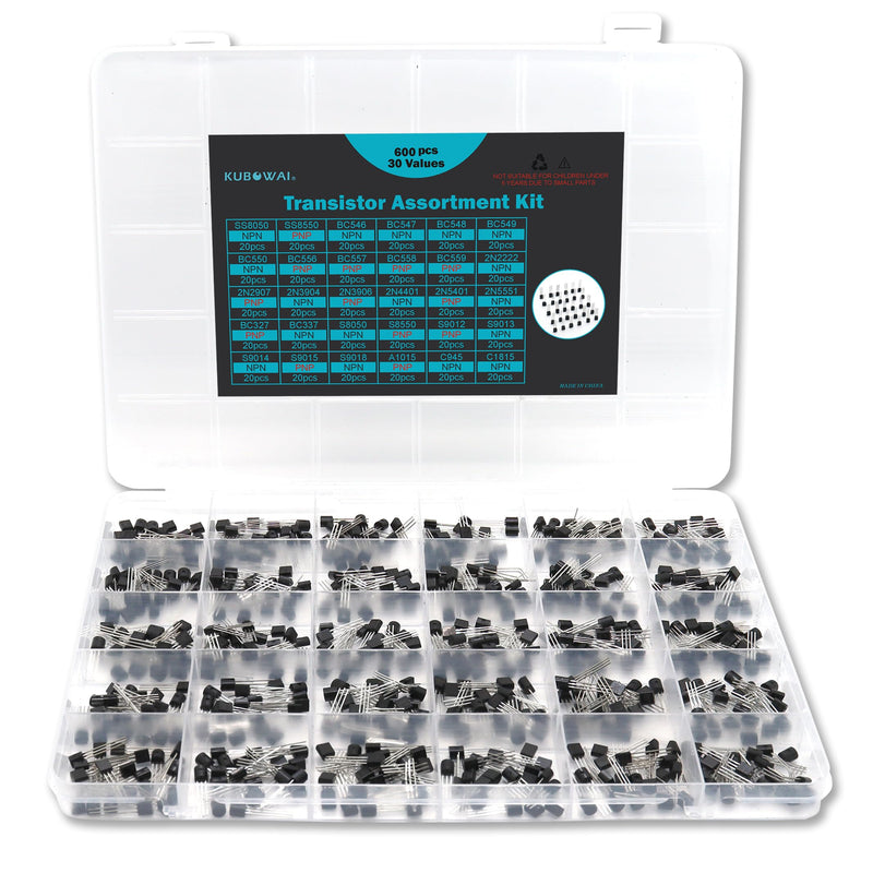 30 Values 600 Piece Transistor Set PNP NPN Transistors SS8050 SS8550 BC546 BC547 BC548 BC549 BC550 BC556 BC557 BC558 BC559 2N2222 2N2907 2 NN3904 2N3906 2N4401 2N5401 2N5551 BC327 BC337 S8050 S8