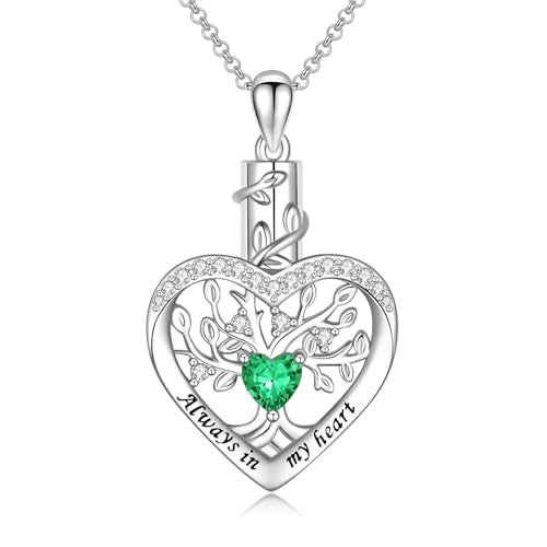 Sterling Silver Tree of Life Heart Urn Necklaces for Ashes - Cremation Memorial Jewelry Keepsake Pendant Necklace with Birthstone May