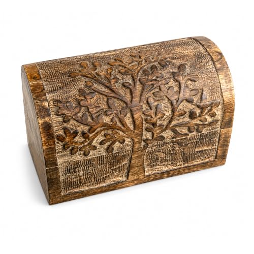 Premium Handmade Wooden Treasure Chest Decorative Trunk for Keepsakes Semicircular Curved Floral Jewellery Box Trinket Box Ladies Jewellery Storage Case Handcrafted Home Decor (Plain Tree) Plain tree