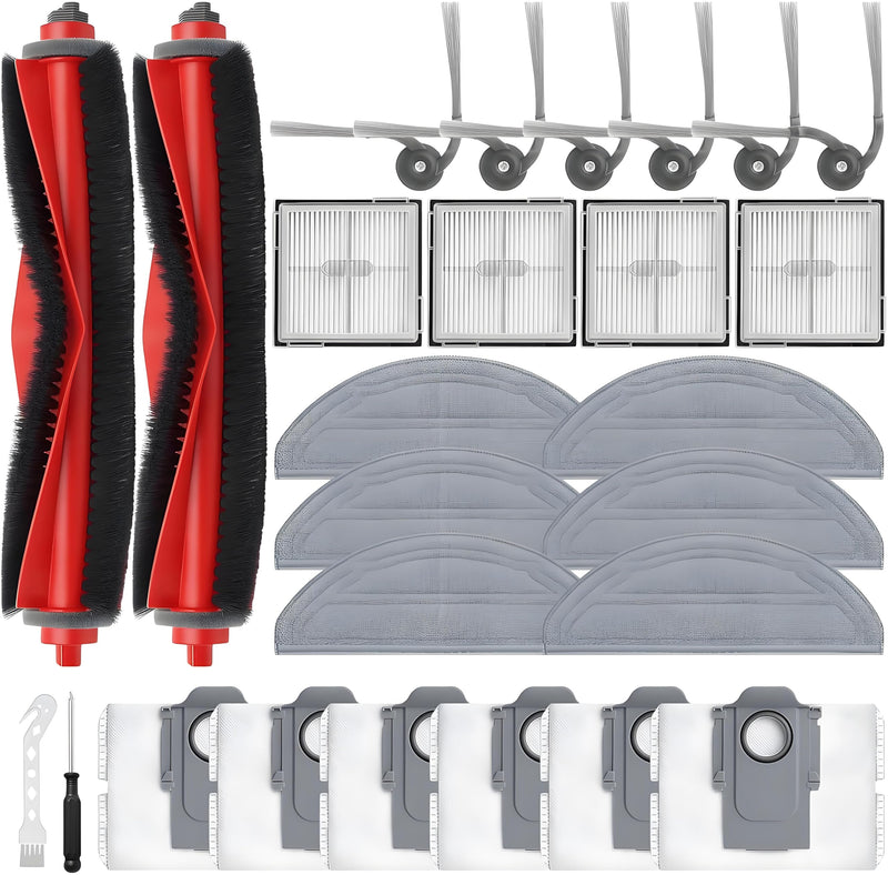 26 Pack Replacement Accessories Parts for Roborock Q10 S5/Q10 S5+/Q10 X5/Q10 X5+ Robot Vacuum Part with 2 Roller Brush,4 Mop,4 HEAP,6 Mop,6 Dust Bag,6 Side Brushes,1 Screwdriver,1 Clean Brush Robot Vacuum Replacement Parts