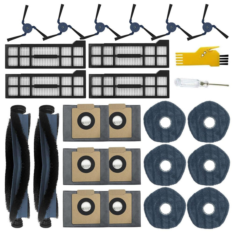 Replacement Parts for eufy X10 Pro Omni Robot Vacuum Cleaner Accessories Kit 24 Packs 2 Main Brush, 4 Filters, 6 Side Brushes, 6 Mop Cloths, 6 Dust Bags Style 02