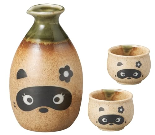 Japanese Mino Ware Ceramic Cute Girl Tanuki Raccoon Tokkuri(Sake bottle) & 2 Guinomi(Sake Cups) Made in Japan (Tanuki girl) Tanuki girl