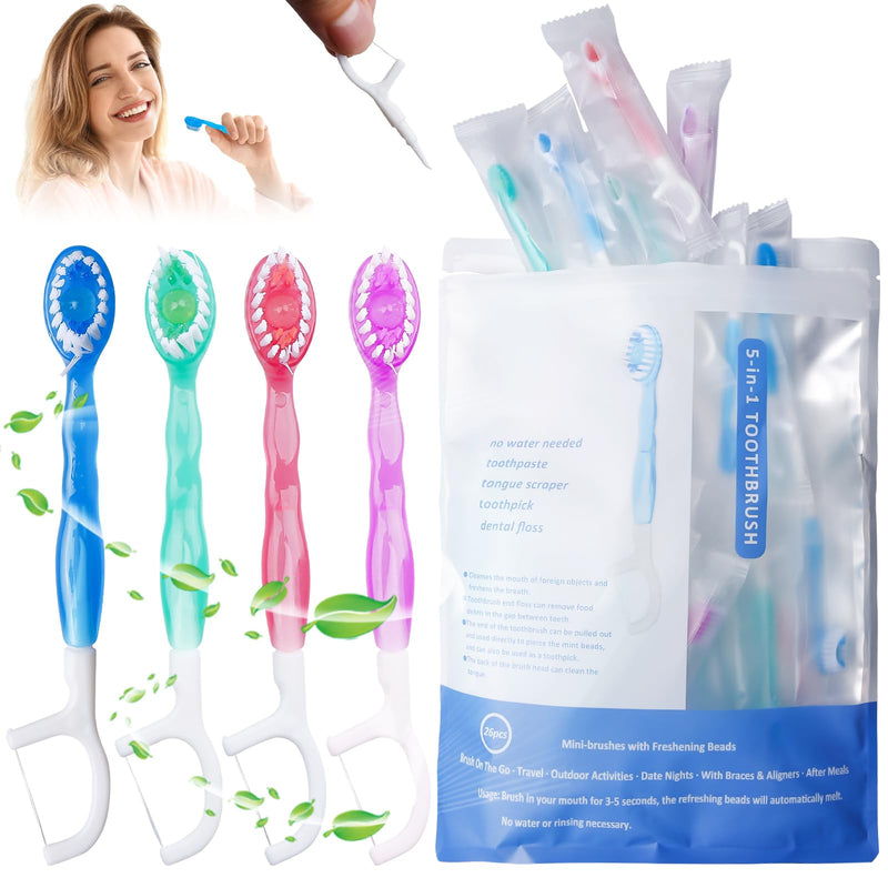 Pack of 26 Travel Toothbrushes, 5 in 1 Disposable Toothbrushes Mini with Dental Floss, Mini Toothbrush Set, Travel Toothbrush, Travel Toothbrush for On the Go Camping Travel Children Adults