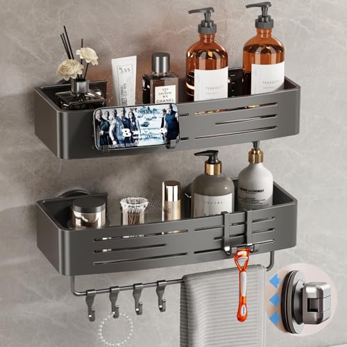 Voldra Shower Caddy Suction Cup, 2 Pack Shower Shelves for Inside Shower No Drilling, Aluminum Suction Showers Organizer with Towel Bar & Hooks Removable Bathroom Shelf Storage Rack(Gray) Suction Cup Rectangle-2 Pack