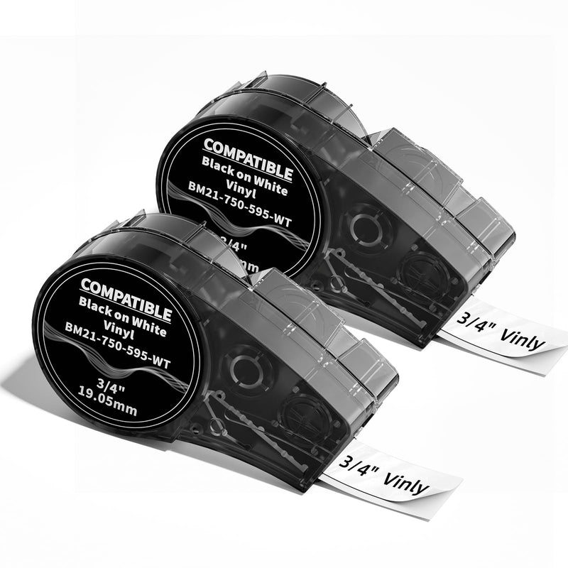 Compatible with M21-750-595-WT 3/4 inch Vinyl Industrial Labeling Tape Black on White High Adhesion, Work for M210, M211, BMP21-Plus, BMP21 LAB Printer, 0.75" W x 21' L, 2-Pack 3/4 inch (19.05 mm)