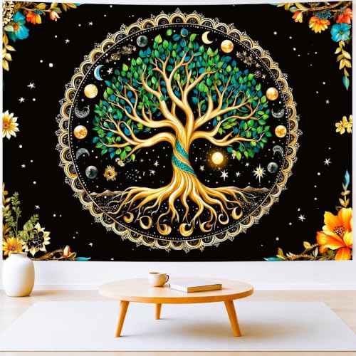 Delur Tree of Life Tapestry Moon Phase Nature Flower Plant Tapestry Wall Hanging Boho Mandala Spiritual Sun Aesthetic Psychedelic Headboard for Bedroom Living Room Home Decor (70.8" x 92.5") 70.8"L x 92.5"W Moon Phase Tree of Life