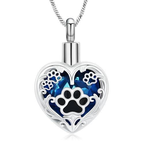 Yinplsmemory Pet Urn Necklace Pendant Jewelry for Dog Cat Memorial Crystal Heart Cremation Jewelry with Paw Print Ashes Keepsake Funeral Jewelry Silver-blue