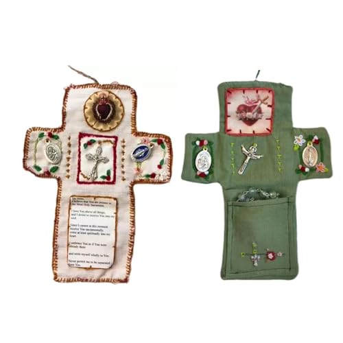 2Pcs Handmade Catholic Pocket Shrine with Silver Cross Inside - Portable Devotional Altar Shrine with Intricate Embroidery Design, Pocket Cross for Prayer, Ideal Religious Gift and Spiritual Keepsake