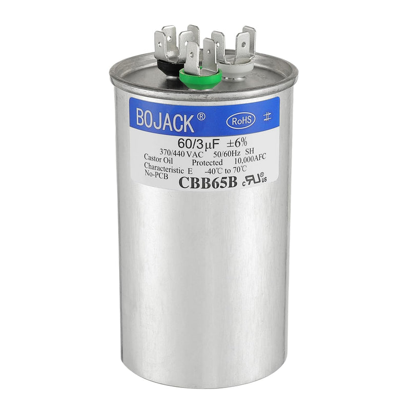 [Australia - AusPower] - BOJACK 60+3 uF 60/3 MFD ±6% 370V/440V CBB65 Dual Run Circular Start Capacitor for AC Motor Run or Fan Start or Condenser Straight Cool or Heat Pump air Conditioner 