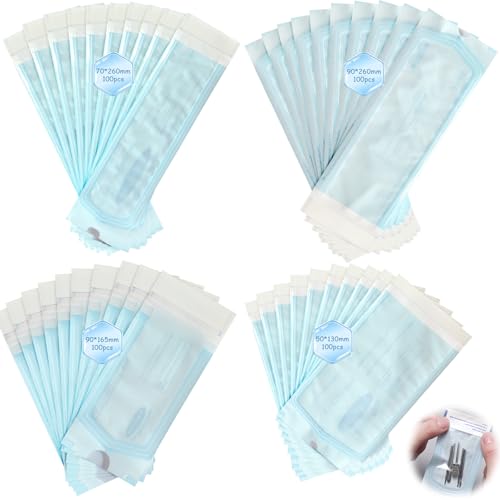 Pack of 400 Sterilisation Bags, 90 mm x 260 mm + 90 mm x 165 mm + 70 mm x 260 mm + 57 mm x 130 mm Self-Adhesive Sterilisation Bags, Disposable Steriliser Bags for Cleaning Tools, Self Sterilisation Bags