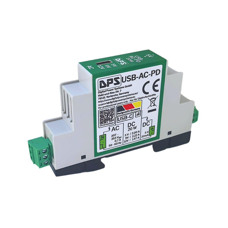 DPS - DIN Rail Power Supply USB-C 230V AC, 20W Power Delivery - 5V/9V/12V - with Short Circuit & Surge Protection - Industrial Quality AC-USB-PD_1 Stück
