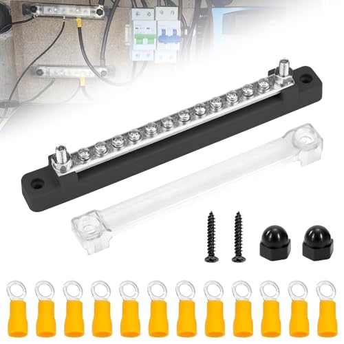 Bus Bar 150A, Power Distribution Block 12V-48V DC BusBar Box with Cover and 12 x M4 Terminal Bolts Busbars Distribution Block for Cars Motorhomes Marine Solar