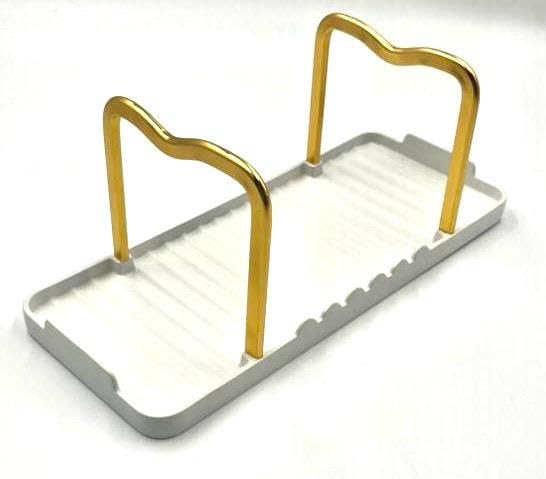 Astra Design Spoon and Lid Holder with Drip Tray Heat-Resistant Aluminum Utensil Rest Kitchen Organizer White Base with Gold Handles Modern Counter Accessory & Gift Idea White and Gold