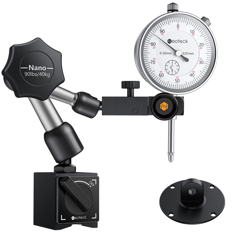 Neoteck Dial Indicator and Magnetic Base 20 mm Dial Indicator Set (0.01 mm) Measuring Tool for Laboratory Workshop 3D Printer - 90 lbs (40 kg) Max Pull