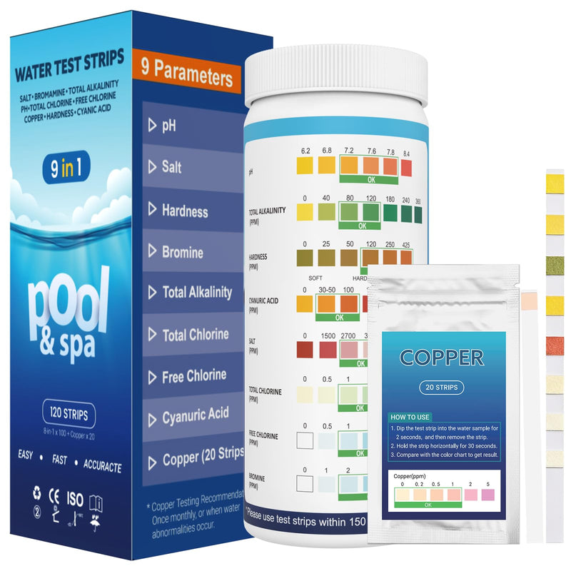 [Australia - AusPower] - 9 in 1 Pool Test Strips, 120 Total Strips, 100 8-Way Water Test Strips + 20 Copper Test Strips, Test pH, Salt, Hardness, Bromine, Alkalinity, Chlorine, Chlorine, Cyanuric Acid and Copper 9 in 1 