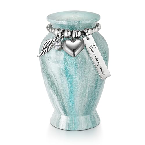 SOITIS Small Urns for Human Ashes Keepsake, 2.83 Inches Urn for Women Men, Aluminum Cremation Urns for Human Ashes-Lake Green with Heart Urn