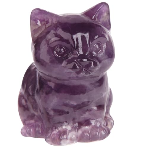 Crystal Cat Figurines Decor, 1.6 Inch Amethyst Crystal Kitten Statue Gift for Cat Lovers Collectors Women, Hand Carved Healing Stone Lucky Sitting Kitty Animal Sculpture Home Office Desk Decor Amethyst Cat