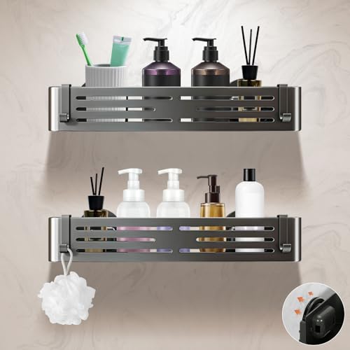 Lekesky Suction Cup Shower Caddy, No Drill Shower Shelf, Aluminum Rust Proof Bathroom Shower Organizer with 12 Hooks (2-Pack, Gunmetal Gray) Gunmetal Grey