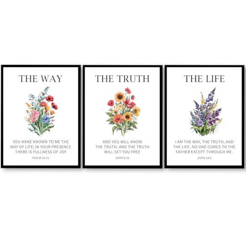 3Pcs Bible Verse Floral Poster,The Way The Truth The Life Scripture Posters Prints Wall Art for Home 11x14 Inch Unframed Bible Floral