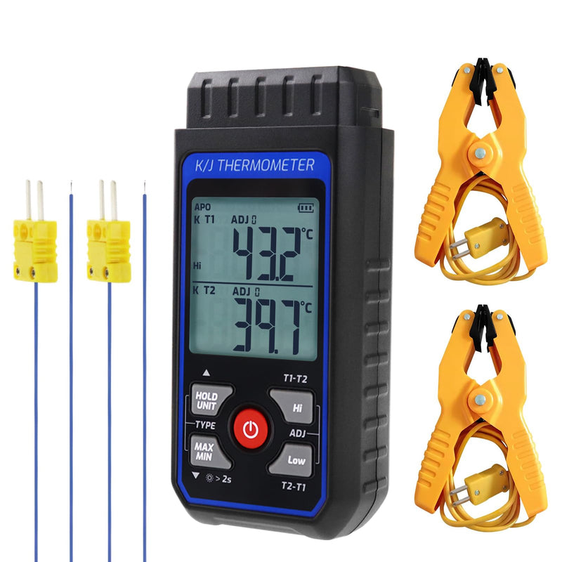 [Australia - AusPower] - Dual Channel K/J Thermometer with 4 Probes & 2 Pipe Clamps– -200°C to 1372°C° (-328°F to 2501°F) Alarm, Backlight Temperature Meter for HVAC Tools, Industrial Thermometer Dual Channels w Temp Clamp 
