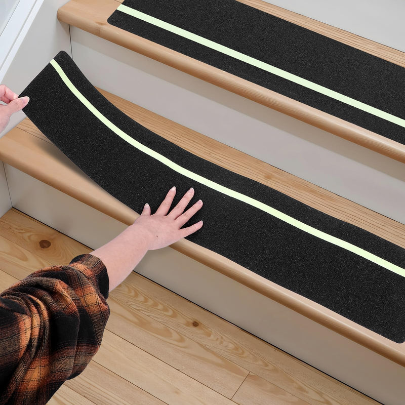Molain 10 Pack Anti Slip Traction Treads with Glow in The Dark Stripe 30" x 6" Waterproof Outdoor/Indoor Stair Step Non Slip High Friction Grip Tape for Wooden Steps, Concrete Stairs, Decks
