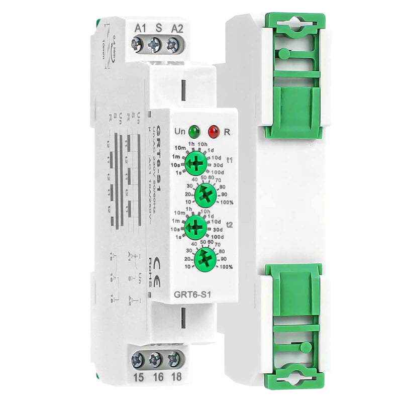 Asymmetric Cycle Timer Relay AC DC 24V-240Volt 10A, SPDT Mini Adjustable Repeat Cycle Time Relay Switch ON Off GRT6-S1, Electronic Timer Relay 10-Position from 1S to 1 Minute to 100 Days in Din Rai GRT6-S1 24-240V AC/DC 10A
