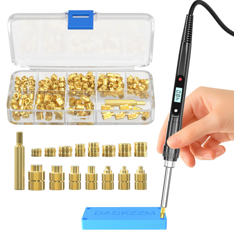 [Australia - AusPower] - Heat Set Insert Tools kit 80W Digital Soldering Iron with Iron Tips and Heat Set Insert Tips, 220Pcs Threaded Inserts Brass Nuts for Plastic 3D Printer Parts Gold 