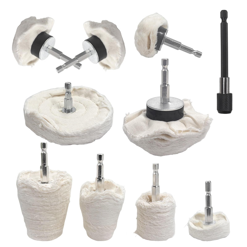 10PCS Buffing Wheel Kit for Drill, Cotton Polishing Pads with 1/4" Hex Shafts, Wheel Shaped Polishing Tool Buffing Pad for Aluminum Stainless Steel Chrome, Car Accessories
